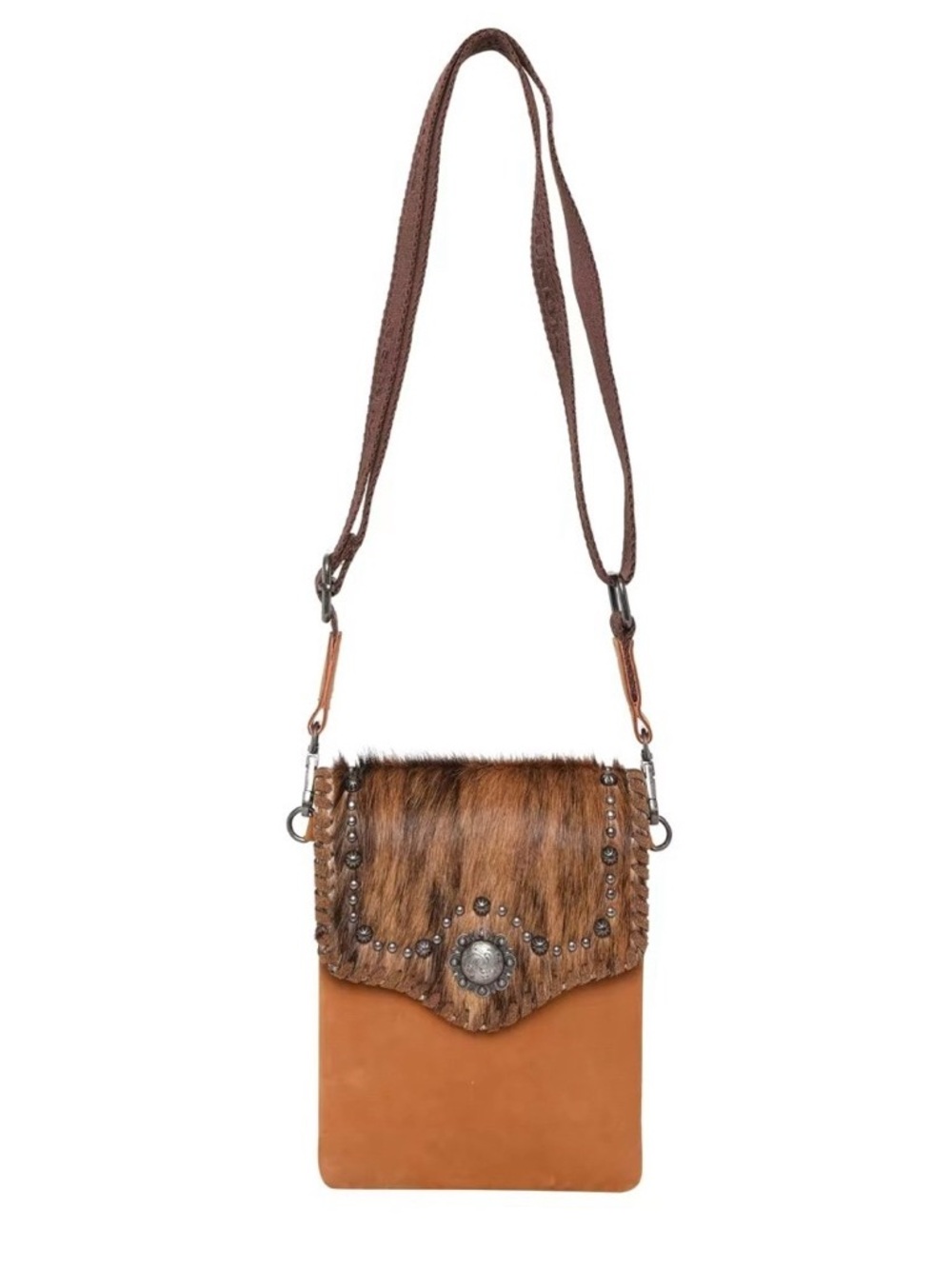 Montana West Brown Haircalf & Tan Crossbody Phone Bag with Stud Concho